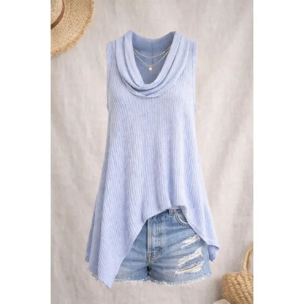 Free People We The Free Swing It Cowl Neck Tank Top Blue Waffle Knit Tunic XS
